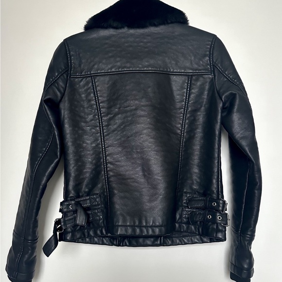 Warehouse London Faux Leather Biker Jacket with Faux Fur Shearling Neck - Picture 2 of 6